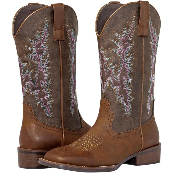SheSole Western Boots Women Dark Brown Tan Faux Leather Square Toe Wide Mid Calf - Picture 9 of 9